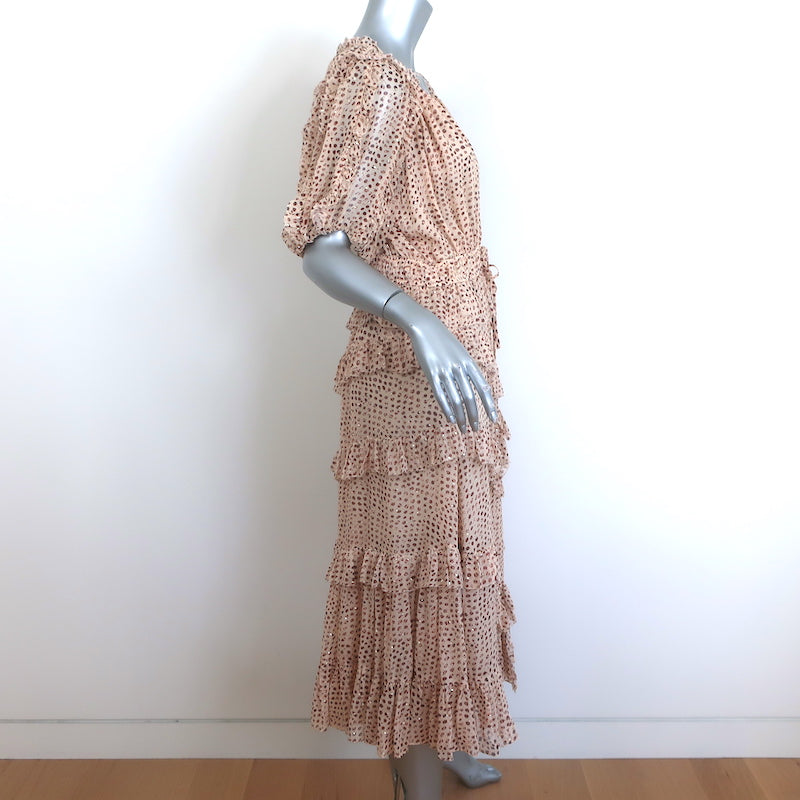 Ulla Johnson Cara Ruffled Midi Dress Beige Metallic Printed Chiffon Size 8