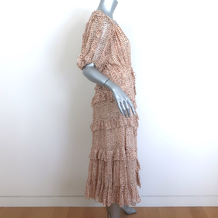 Ulla Johnson Cara Ruffled Midi Dress Beige Metallic Printed Chiffon Size 8