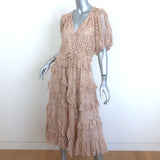 Ulla Johnson Cara Ruffled Midi Dress Beige Metallic Printed Chiffon Size 8