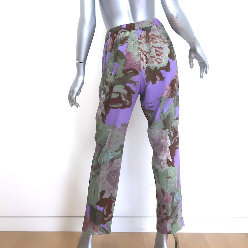 Dries Van Noten Cropped Pants Lavender Floral Print Stretch Crepe Size 40