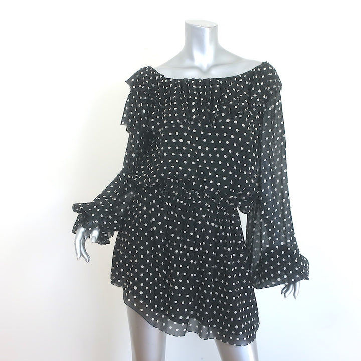 Saint Laurent Polka Dot One-Shoulder Mini Dress Black Silk Size 38