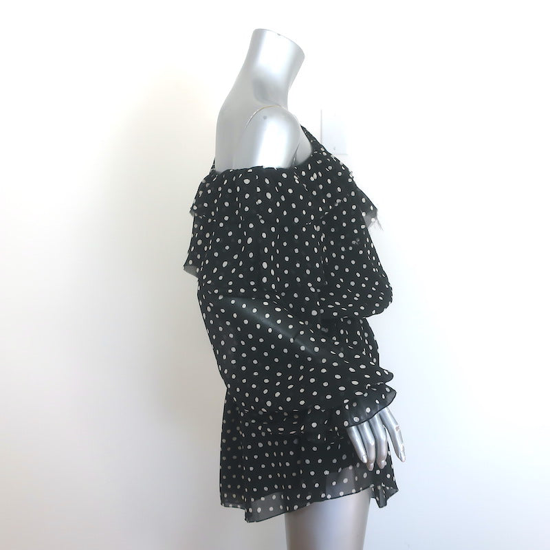 Saint Laurent Polka Dot One-Shoulder Mini Dress Black Silk Size 38