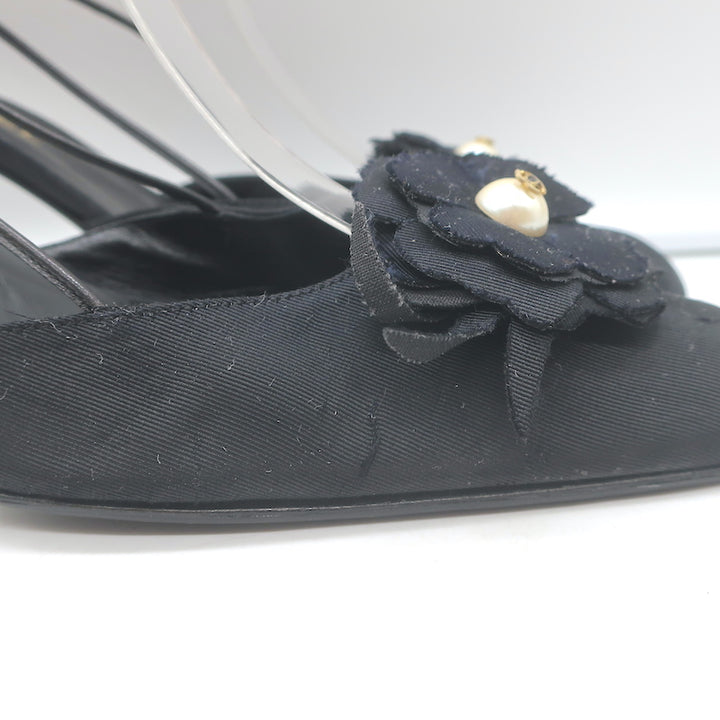 Chanel Camellia CC Faux Pearl Slingback Pumps Black Grosgrain Size 41