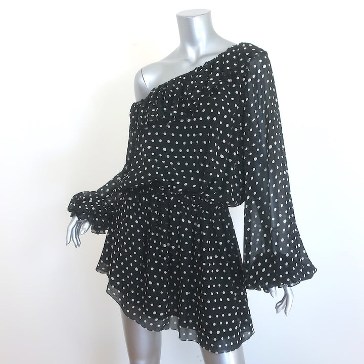 Saint Laurent Polka Dot One-Shoulder Mini Dress Black Silk Size 38