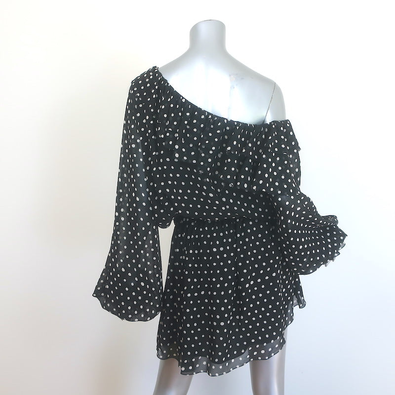 Saint Laurent Polka Dot One-Shoulder Mini Dress Black Silk Size 38