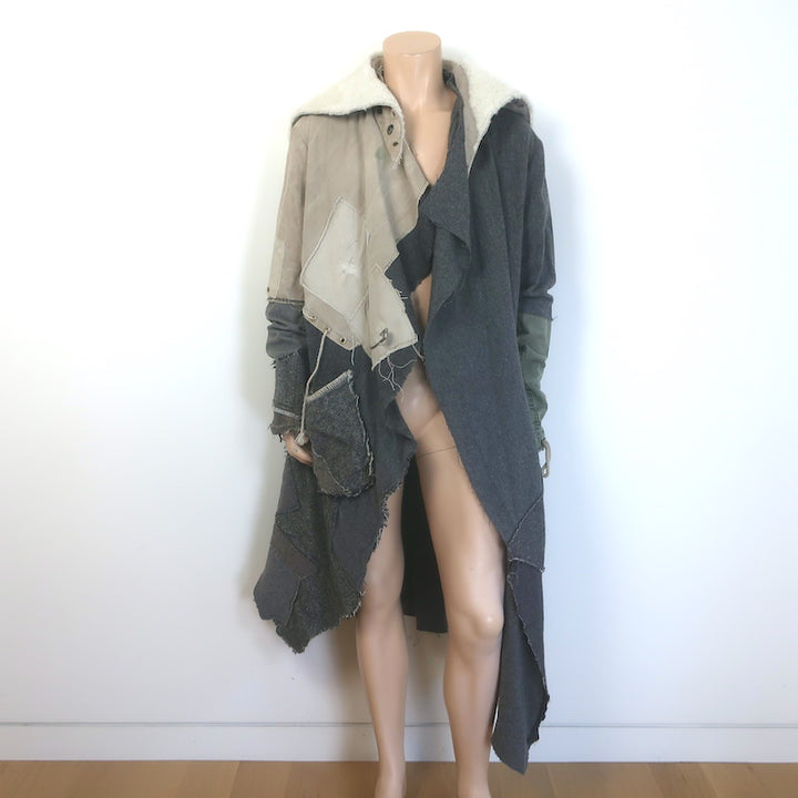 Greg Lauren Nomad Shearling-Hood Coat Beige Military Canvas &amp; Gray Wool Size 3