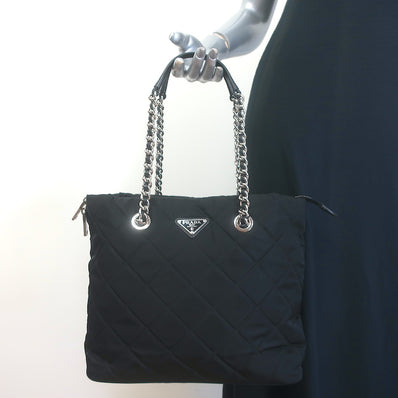 Prada Quilted Tessuto Nylon Impuntu Chain Strap Tote Black Large Shoulder Bag
