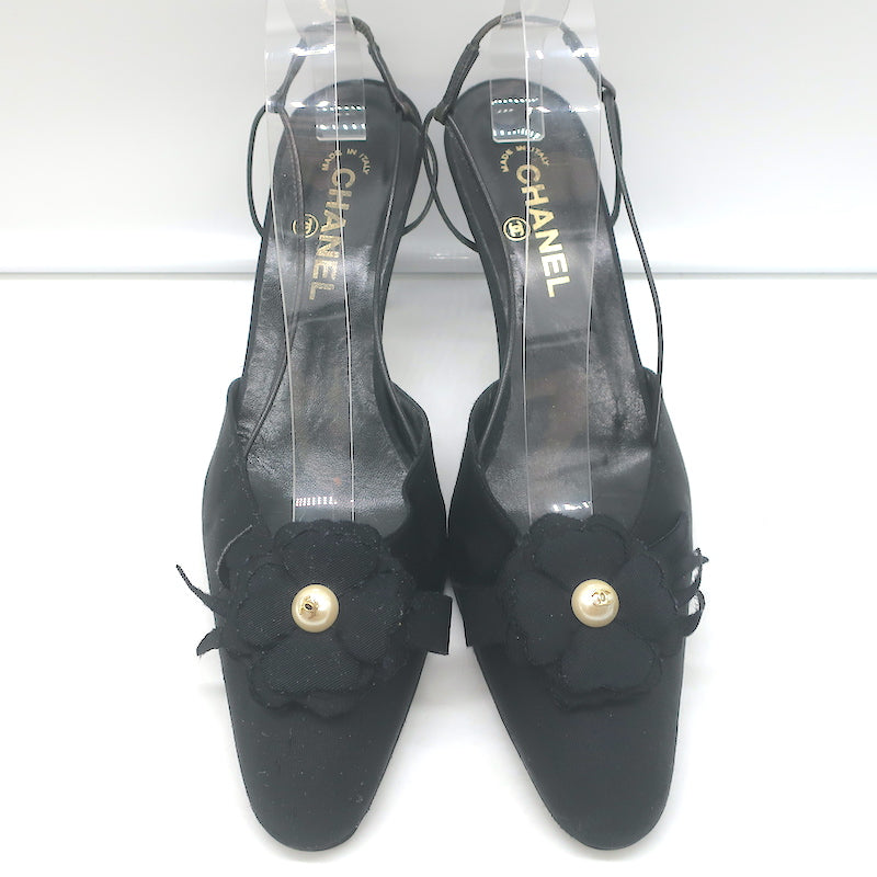 Chanel Camellia CC Faux Pearl Slingback Pumps Black Grosgrain Size 41