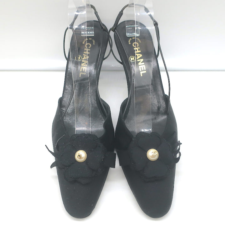 Chanel Camellia CC Faux Pearl Slingback Pumps Black Grosgrain Size 41