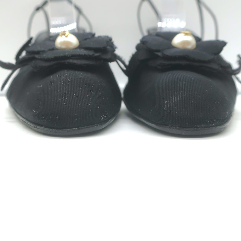 Chanel Camellia CC Faux Pearl Slingback Pumps Black Grosgrain Size 41