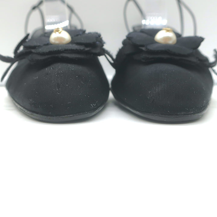 Chanel Camellia CC Faux Pearl Slingback Pumps Black Grosgrain Size 41