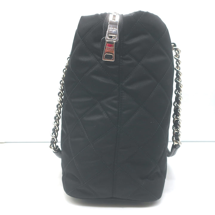 Prada Quilted Tessuto Nylon Impuntu Chain Strap Tote Black Large Shoulder Bag