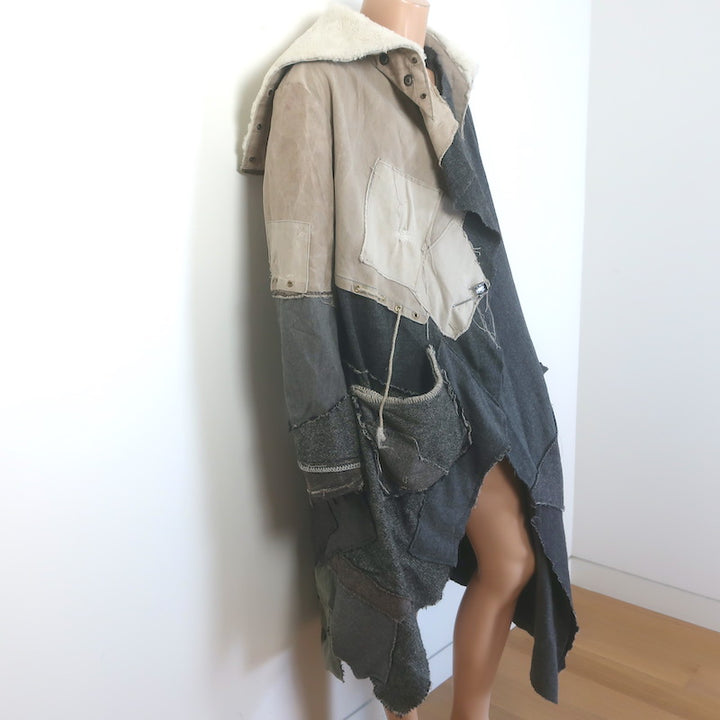 Greg Lauren Nomad Shearling-Hood Coat Beige Military Canvas &amp; Gray Wool Size 3