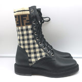 Fendi Rockoko FF Check Knit Combat Boots Black Leather Size 35