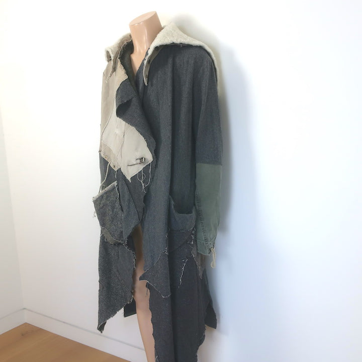 Greg Lauren Nomad Shearling-Hood Coat Beige Military Canvas &amp; Gray Wool Size 3