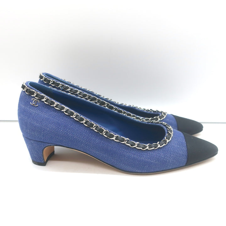 Chanel Chain Link Cap Toe Pumps Blue Denim Size 36 Pointed Toe Kitten Heel NEW