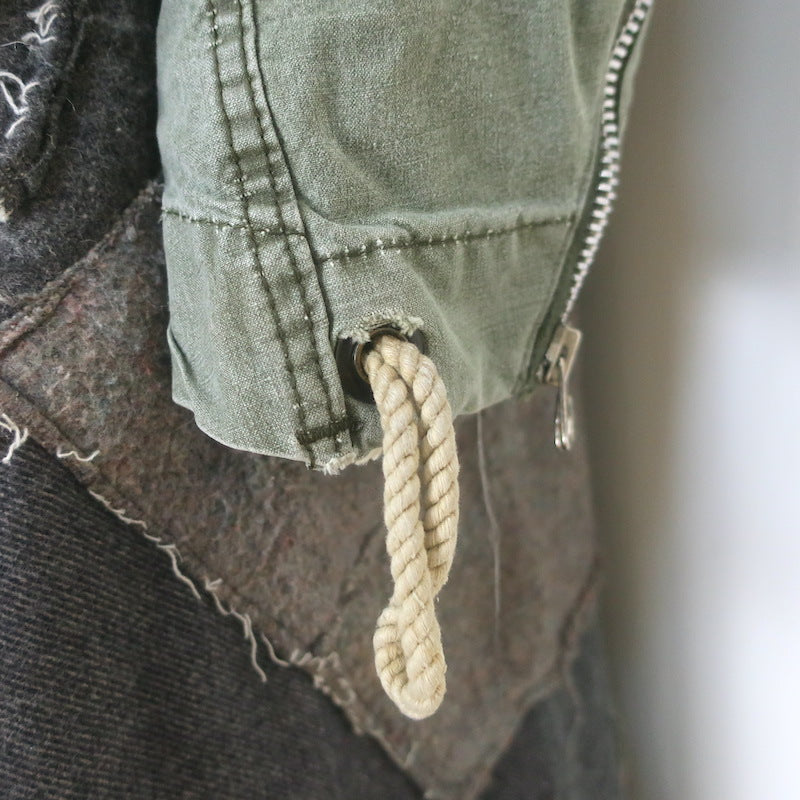 Greg Lauren Nomad Shearling-Hood Coat Beige Military Canvas &amp; Gray Wool Size 3
