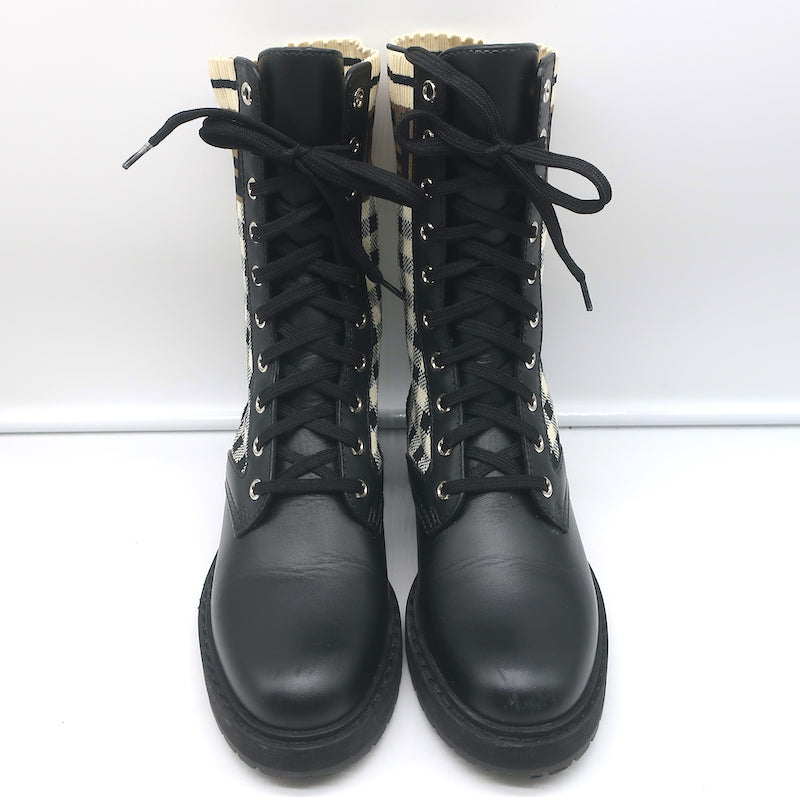 Fendi Rockoko FF Check Knit Combat Boots Black Leather Size 35
