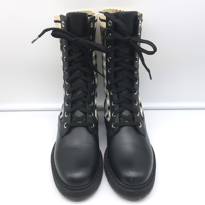 Fendi Rockoko FF Check Knit Combat Boots Black Leather Size 35