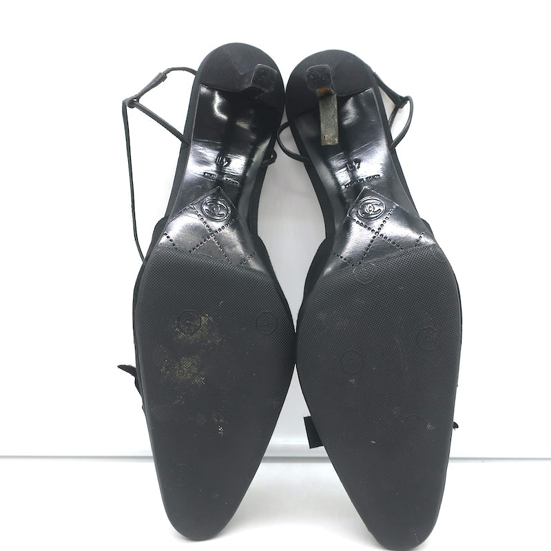 Chanel Camellia CC Faux Pearl Slingback Pumps Black Grosgrain Size 41