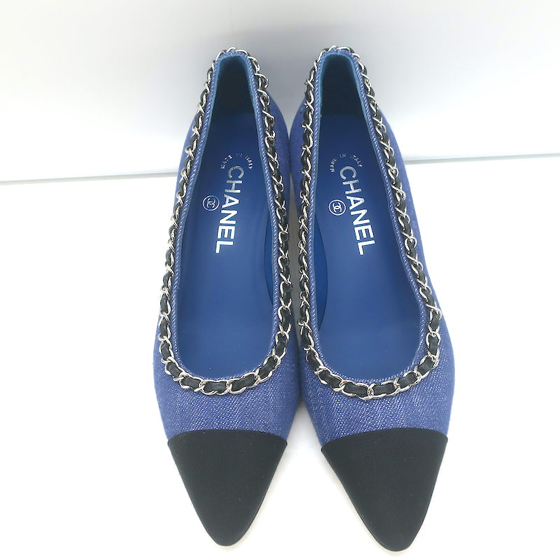 Chanel Chain Link Cap Toe Pumps Blue Denim Size 36 Pointed Toe Kitten Heel NEW
