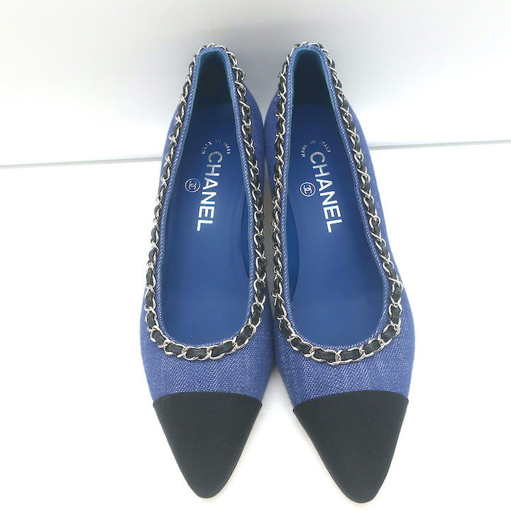 Chanel Chain Link Cap Toe Pumps Blue Denim Size 36 Pointed Toe Kitten Heel NEW