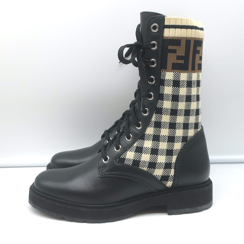 Fendi Rockoko FF Check Knit Combat Boots Black Leather Size 35