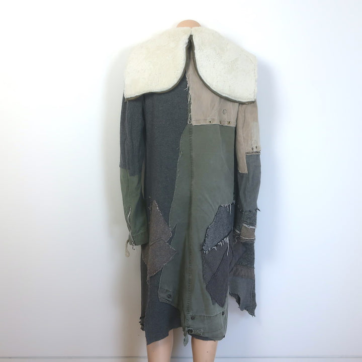 Greg Lauren Nomad Shearling-Hood Coat Beige Military Canvas &amp; Gray Wool Size 3