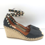 Valentino Rockstud Double Espadrille Wedges Black Grained Leather Size 41
