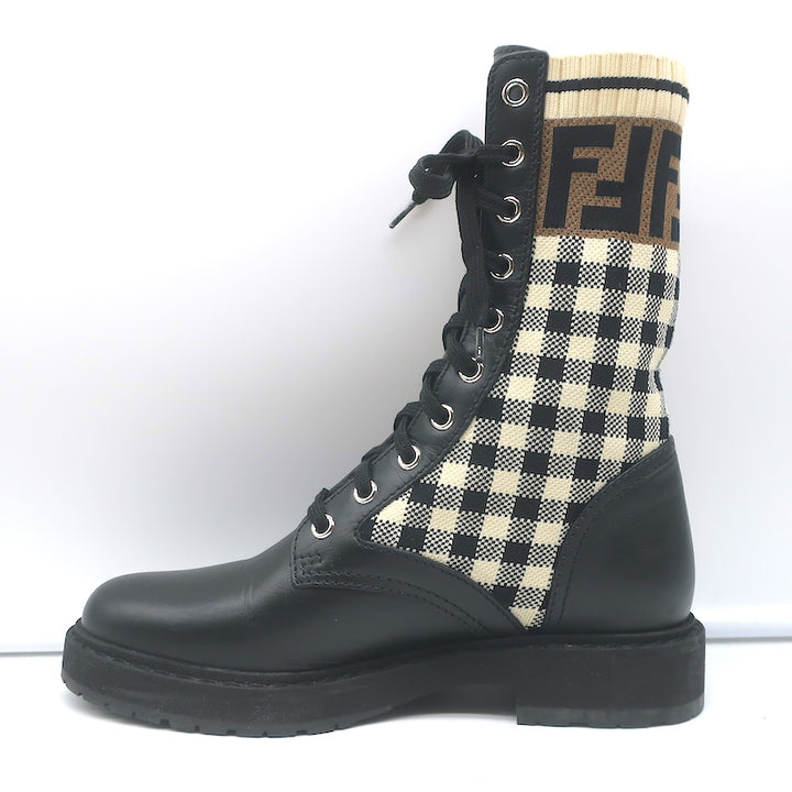 Fendi Rockoko FF Check Knit Combat Boots Black Leather Size 35