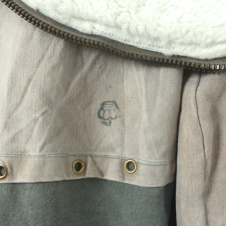 Greg Lauren Nomad Shearling-Hood Coat Beige Military Canvas &amp; Gray Wool Size 3