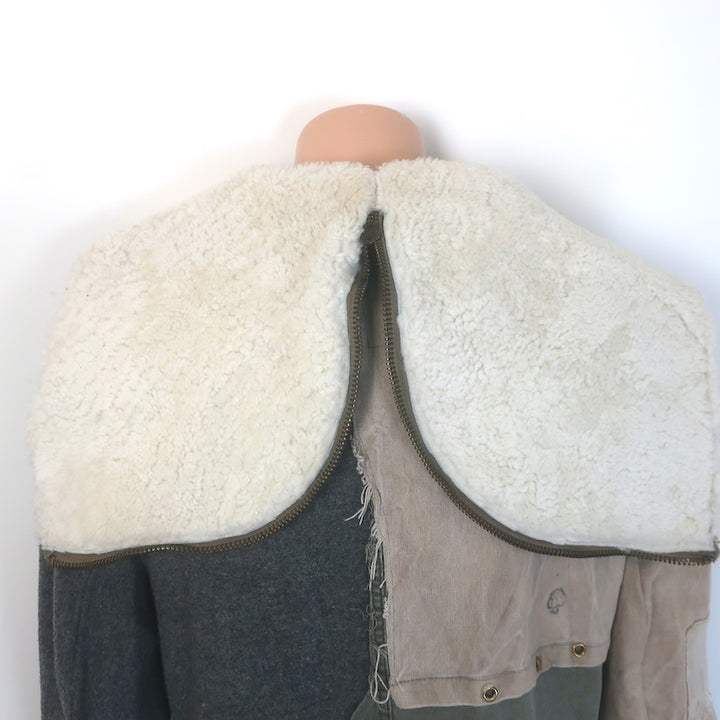 Greg Lauren Nomad Shearling-Hood Coat Beige Military Canvas &amp; Gray Wool Size 3