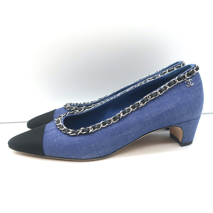 Chanel Chain Link Cap Toe Pumps Blue Denim Size 36 Pointed Toe Kitten Heel NEW