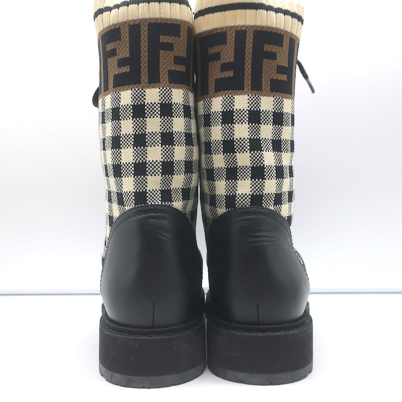Fendi Rockoko FF Check Knit Combat Boots Black Leather Size 35