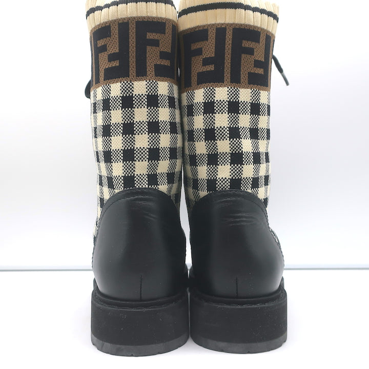Fendi Rockoko FF Check Knit Combat Boots Black Leather Size 35