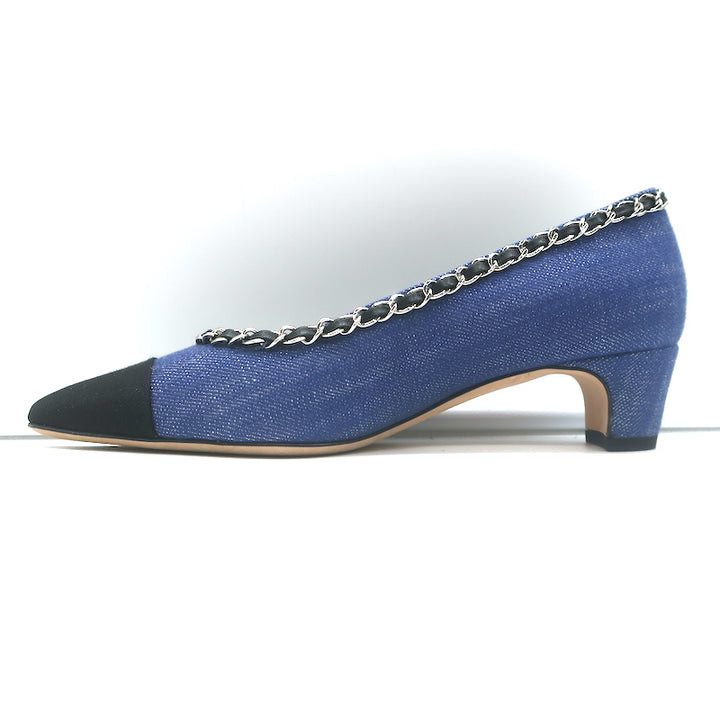 Chanel Chain Link Cap Toe Pumps Blue Denim Size 36 Pointed Toe Kitten Heel NEW