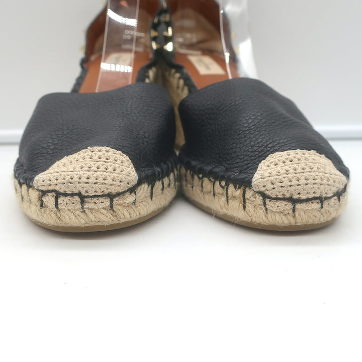 Valentino Rockstud Double Espadrille Wedges Black Grained Leather Size 41