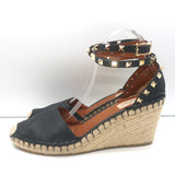 Valentino Rockstud Double Espadrille Wedges Black Grained Leather Size 41
