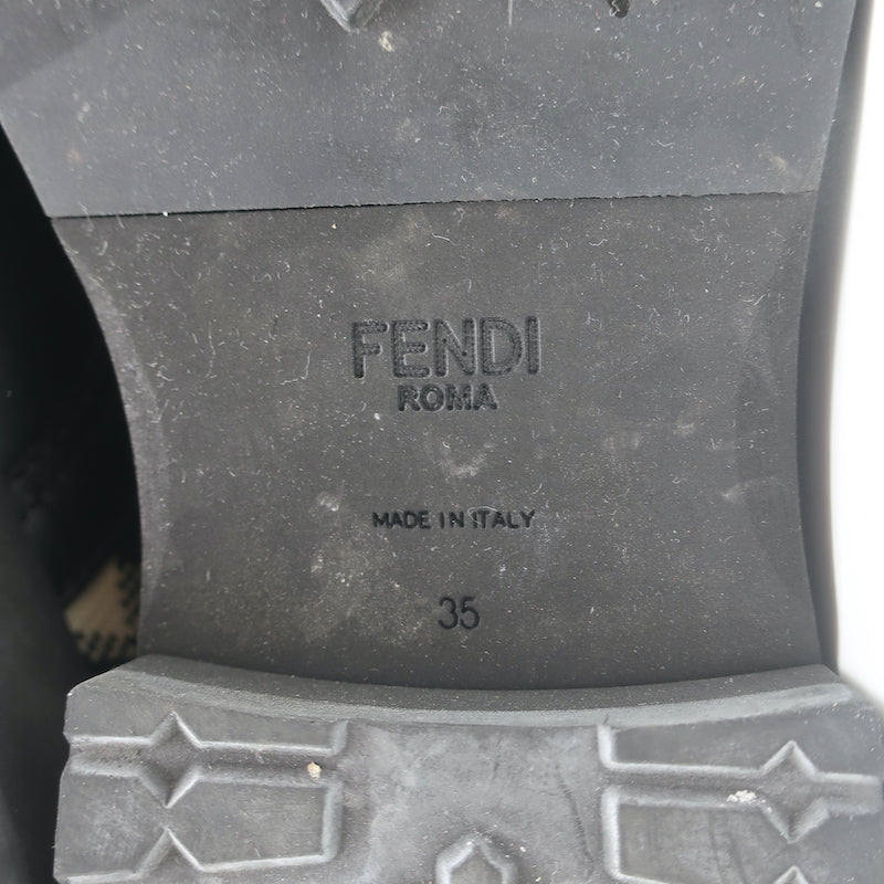 Fendi Rockoko FF Check Knit Combat Boots Black Leather Size 35