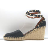 Valentino Rockstud Double Espadrille Wedges Black Grained Leather Size 41