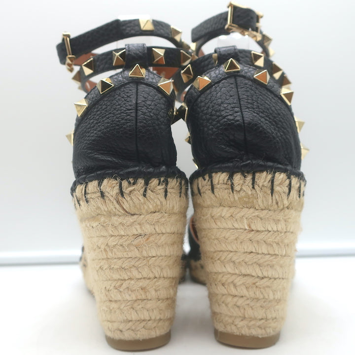 Valentino Rockstud Double Espadrille Wedges Black Grained Leather Size 41