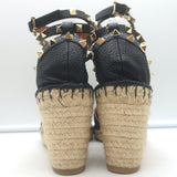 Valentino Rockstud Double Espadrille Wedges Black Grained Leather Size 41