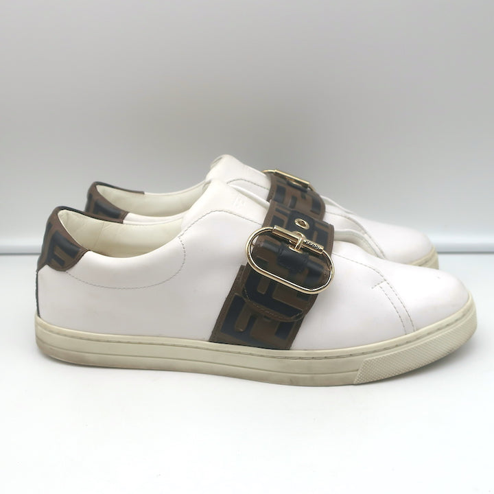 Fendi FF Logo Strap Low Top Sneakers White Leather Size 40