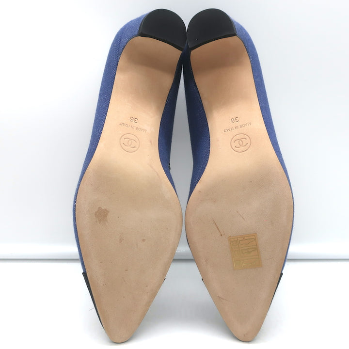 Chanel Chain Link Cap Toe Pumps Blue Denim Size 36 Pointed Toe Kitten Heel NEW