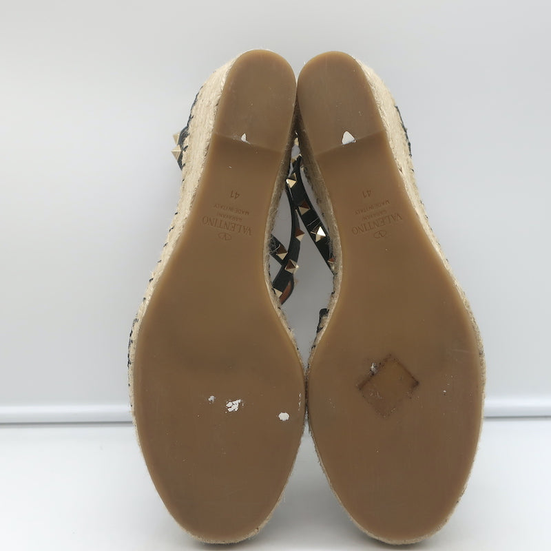 Valentino Rockstud Double Espadrille Wedges Black Grained Leather Size 41