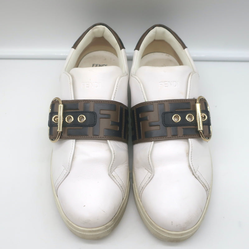 Fendi FF Logo Strap Low Top Sneakers White Leather Size 40