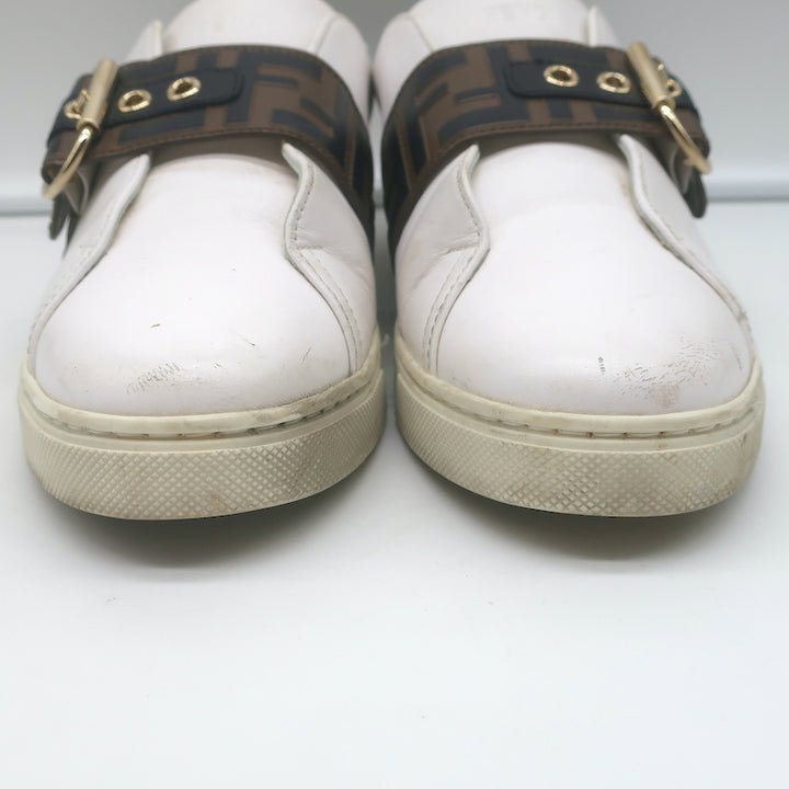Fendi FF Logo Strap Low Top Sneakers White Leather Size 40