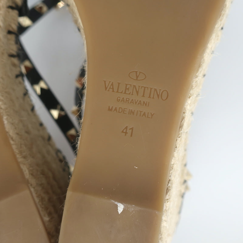 Valentino Rockstud Double Espadrille Wedges Black Grained Leather Size 41