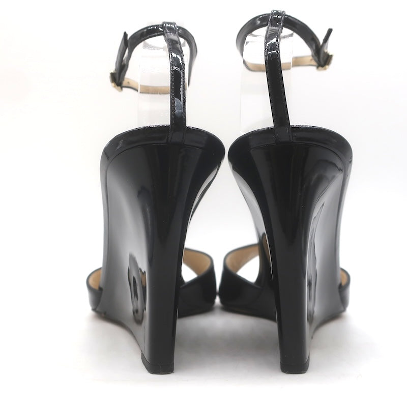 Jimmy Choo Brien Ankle Strap Wedge Sandals Black Patent Leather Size 41/US 10.5