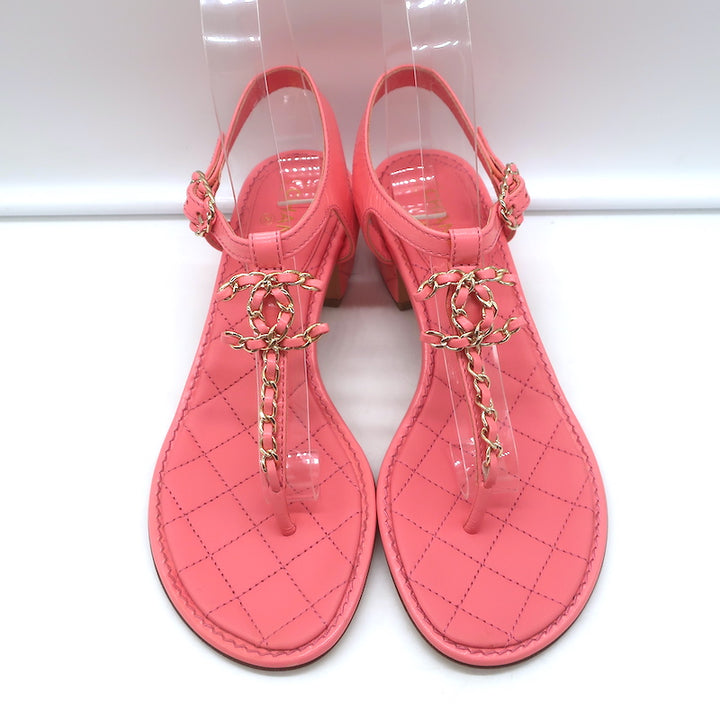 Chanel CC Chain Link T-Strap Sandals Pink Quilted Leather Size 36 NEW
